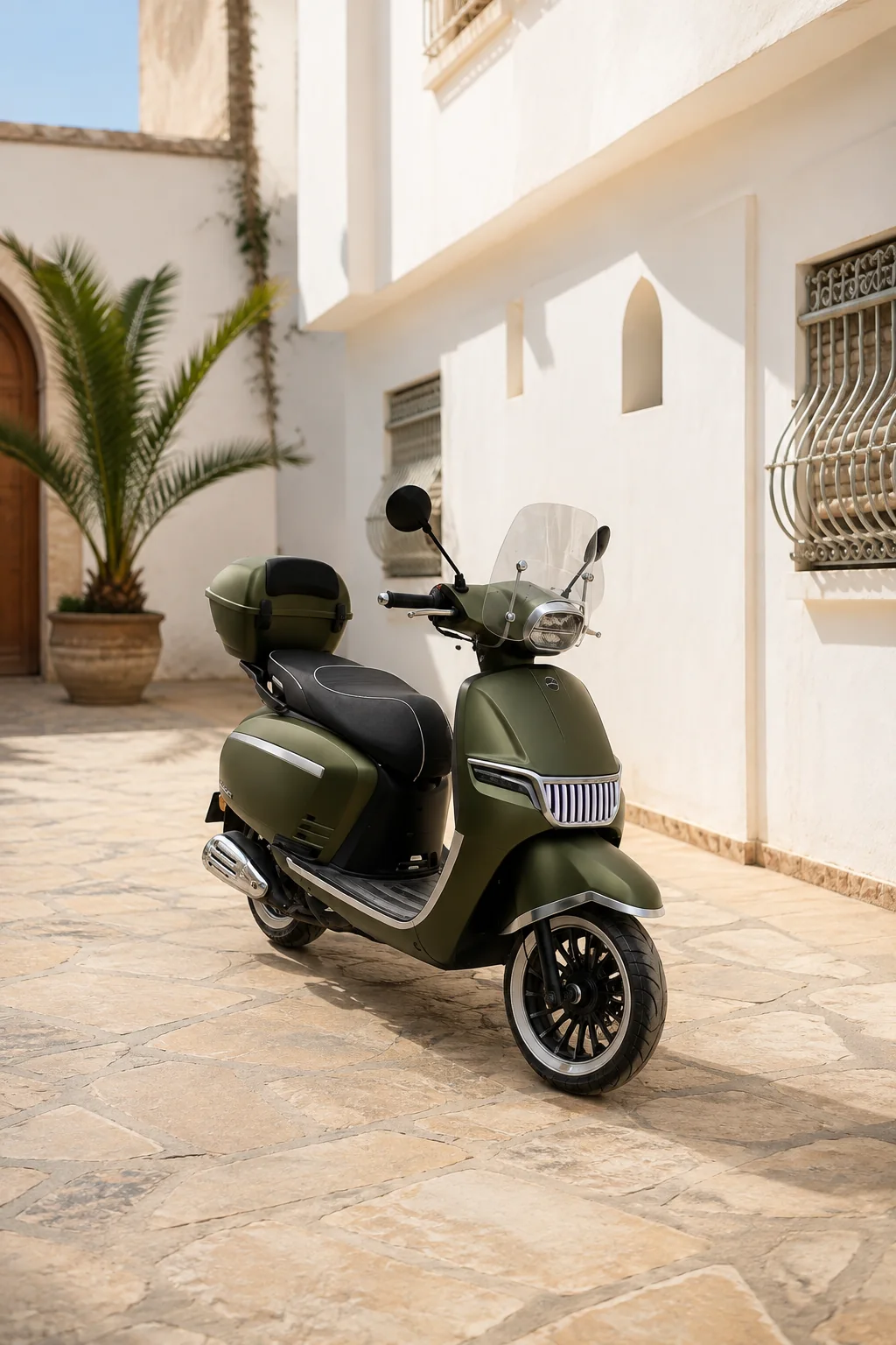 Olive JNEN Majito scooter in a Moroccan courtyard